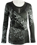 Orly Clothing - Diagonal Cutwork, Long Sleeve, Crew Neck Top with Rhinestones