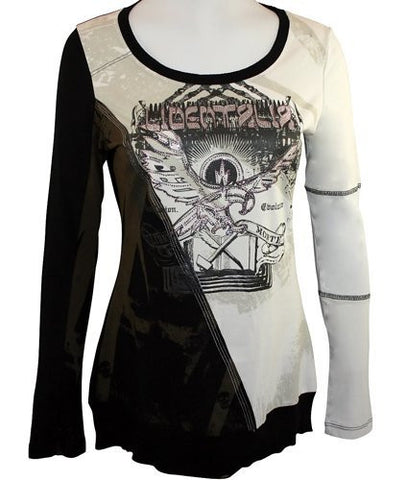 Libertalia Contemporary Themed Long Sleeve Cotton Top in Black & ivory