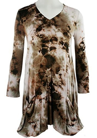 Boho Chic - Brown Green Tie Dye Tunic, Shark Bite Hem with Front Pockets