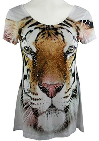 Big Bang Clothing - White Tiger, Short Sleeve Scoop Neck Rhinestone Print Top