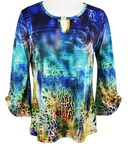 Impulse California Underwater, 3/4 Flared Sleeve, Split Scoop Neck Geometric Top