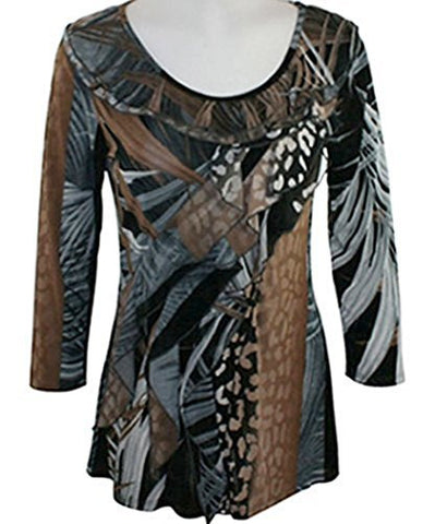 Mesmerize - Leaves 3/4 Sleeve, Geometric Pattern with Ruffled Front and Scoop Neck