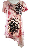 California Bloom Rose Floral Print Top Lace Trimmed Asymmetric Hem Rhinestones