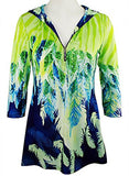 Boho Chic - Feathers, Long Sleeve, Partial Zip Front Multi-Colored Hoodie Top