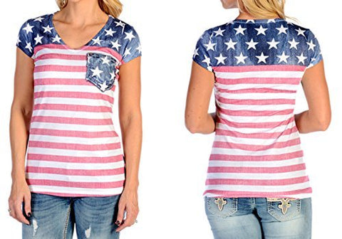 Liberty Wear Patriotic Pocket Tee, V-Neck, Short Sleeves, Stars & Stripes Top