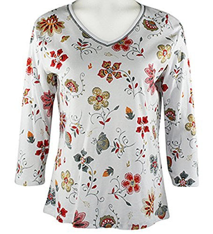 Jess & Jane - Flower Field, 3/4 Sleeve V-Neck Rhinestone Accent Cotton Print Top