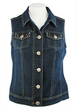 Baccini Button Front Dark Denim Vest, Dual Pockets Accented with Rhinestones