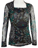 Tribal - Pleated Panel Fashion Top with Long Sheer Sleeves and Square Neck