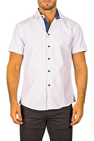 Bespoke White Square Button Front Short Sleeve Contrast Trim Mens Dress Shirt