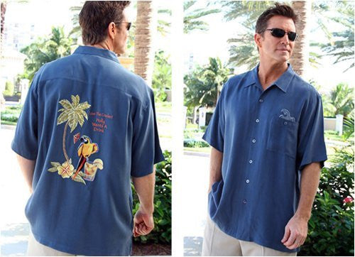 Luau Embroidered, Herringbone Silk Weave, Mother of Pearl Buttons - Poly Knows Best