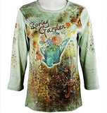 Cactus Fashion - Spring Garden, 3/4 Sleeve, Printed Cotton Rhinestone Top