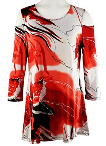 Caribe - Faithful, Red & White Print, Cool Shoulder, 3/4 Sleeve Scoop Neck Tunic
