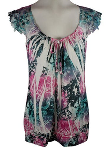Select Clothing Cap Sleeve, Sublimation Burnout Print- Tie Top with Lace Back Banding