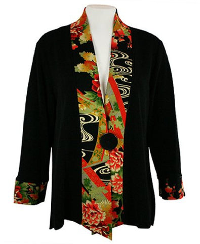 Moonlight - Asian Flower, Floral Print Accent Collar & Sleeve Asian Themed Top