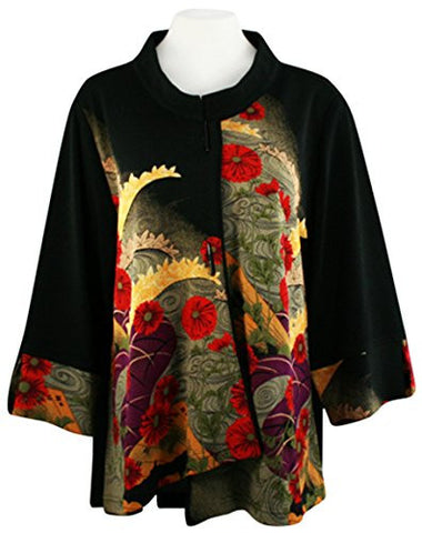 Moonlight - Asian Fan Geometric Colorful Floral Print Trimmed Long Sleeve Jacket