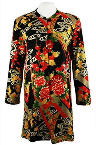 Moonlight - Asian Flower Geometric Floral Print Mandarin Collar Elongated Jacket