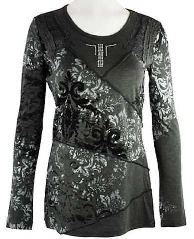 Orly Clothing - Diagonal Cutwork, Long Sleeve, Crew Neck Top with Rhinestones