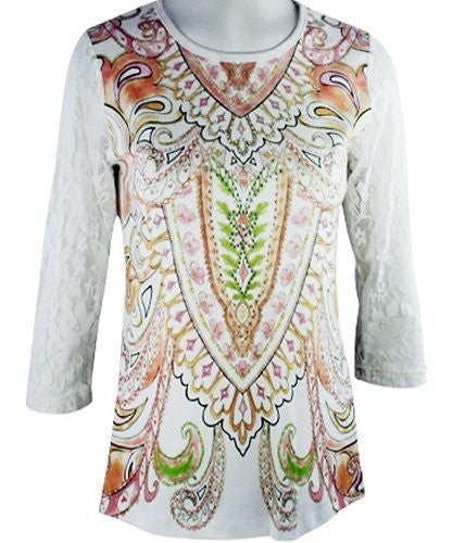 Cactus Fashion - Peach Paisley, 3/4 Sleeve, Printed Cotton Rhinestone Top