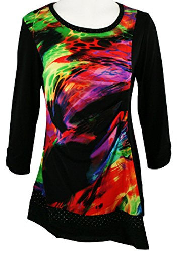 Zoe - Color Whirl, Accented Hem & Collar, Shirred Front, Asymmetric Hem Tunic Top