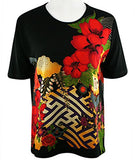 Moonlight - Three Flowers, Floral Print Short Sleeve Scoop Neck Asian Style Top