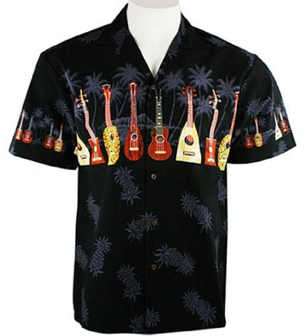 Ky's International Men's Hawaiian Style, Button Front Shirt - Ukulele