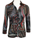 Boho Chic Spread Collar, Button Front, Black & Red Womens Top - All Over Stripes