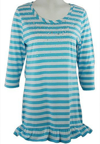 Christine Alexander - Aqua Striped Print, Scoop Neck, Tunic, with Swarovski Crystals