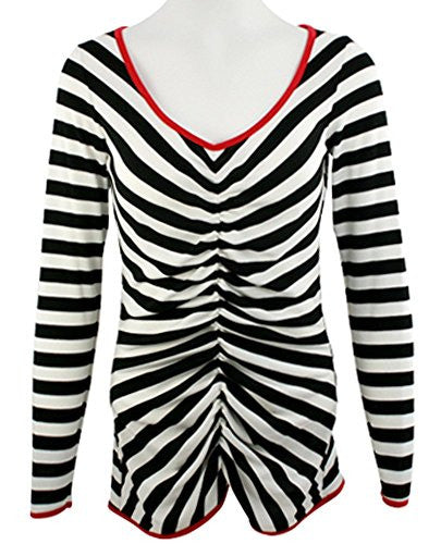 Nally & Millie - Black & White Stripes, Trimmed V-Neck Long Sleeve Top