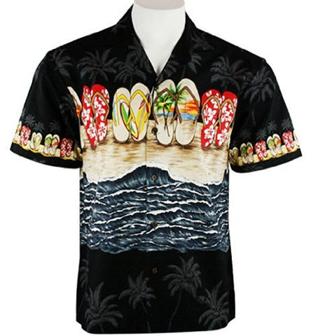 Ky's International Men's Hawaiian Style, Button Front Shirt - Flip Flops