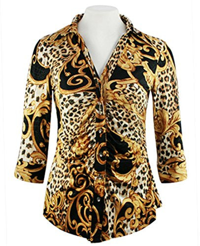 Mesmerize - Leopard Scrool, 3/4 Sleeve, Rhinestone Button Rouching Front...