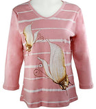 Cactus Fashion - Stripes & Butterfly, 3/4 Sleeve, Printed Cotton Rhinestone Top