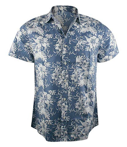 Islandhaze Sportswear Hibiscus Flower Printed Casual Hawaiian Mens Blue Shirt