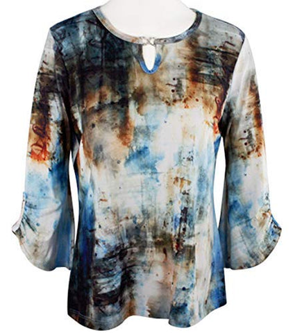 Impulse California - Abstract Colors, 3/4 Flared Sleeve, Scoop Neck Geometric Top