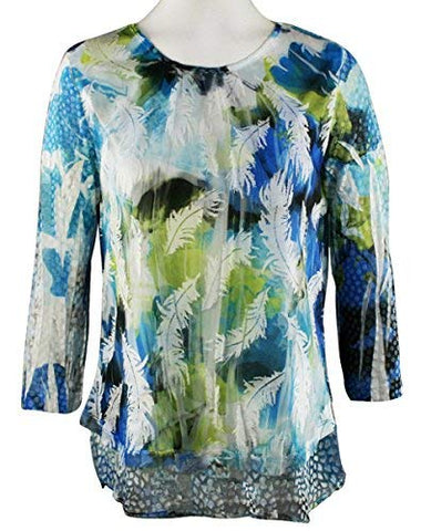 Impulse California Floating Feathers 3/4 Sleeve Sheer Top with Lace Trim Accent
