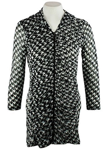 Boho Chic - Focused, Houndstooth Pattern Zip Front Hooded Tunic
