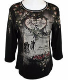 Cactus Fashion - Pinot Gris Wine, 3/4 Sleeve, Rhinestone Printed Scoop Neck Top