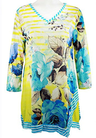 Cactus Fashion - Striped Blue Flowers, 3/4 Sleeve V-Neck, Rhinestone Print Tunic