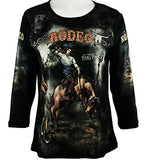 Cactus Fashion - Rodeo, 3/4 Sleeve, Scoop Neck, Printed Cotton Rhinestone Top