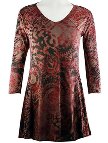 Cubism Apparel - Cascade Red, 3/4 Sleeve, V-Neck Woman's Fashion Tunic Top