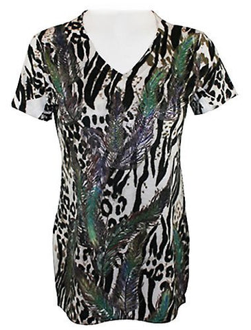 California Bloom Print Short Sleeve Top accented with White & Green Rhinestones