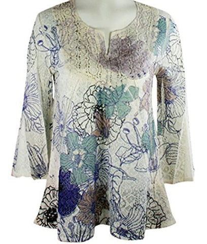 California Bloom Floral Print Long Sleeve Top with a Crochet Trimmed Scoop Neck