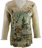 Cactus Fashion Ruffled V-Neck, Rhinestones, Ivory Top - Georgia