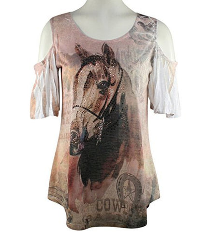 Big Bang Clothing Company - Western Horse, Cold Shoulder, Rhinestone Print Top