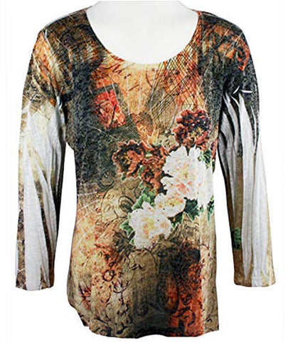 Impulse California Linked Peach, 3/4 Sleeve, Scoop Neck Top with Burnout Accents