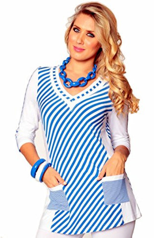 Lior Paris - Blue Stripes, Striped Pattern Tunic with Trimmed V-Neck Collar