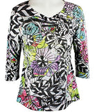 Clotheshead - Zebra Floral, 3/4 Sleeve, Burnout Accents, Scoop Neck Fashion Top