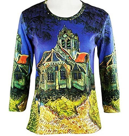 Van Gogh's - Church at Auvers, 3/4 Sleeve, Scoop Neck Illustrated Art Fashion Top
