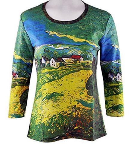 Breeke - Van Gogh Landscape, 3/4 Sleeve, Scoop Neck, Hand Silk Screened Art Top