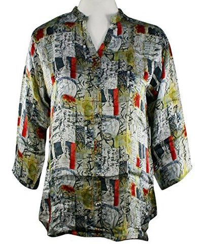 APNY Apparel Asian Art, V-Neck, Long Sleeve Printed Lightweight Tunic Top