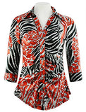 Mesmerize - Laminated Animal, 3/4 Sleeve, Rhinestone Button Rouching Front Top